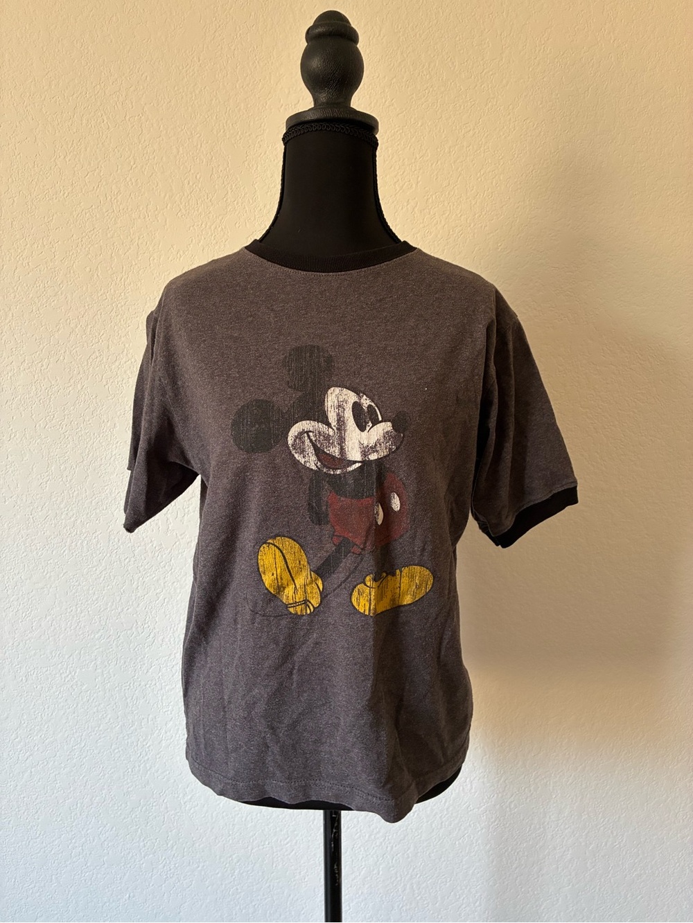 Disney Vintage Look Distressed Mickey Mouse Graphic Ringer Tee